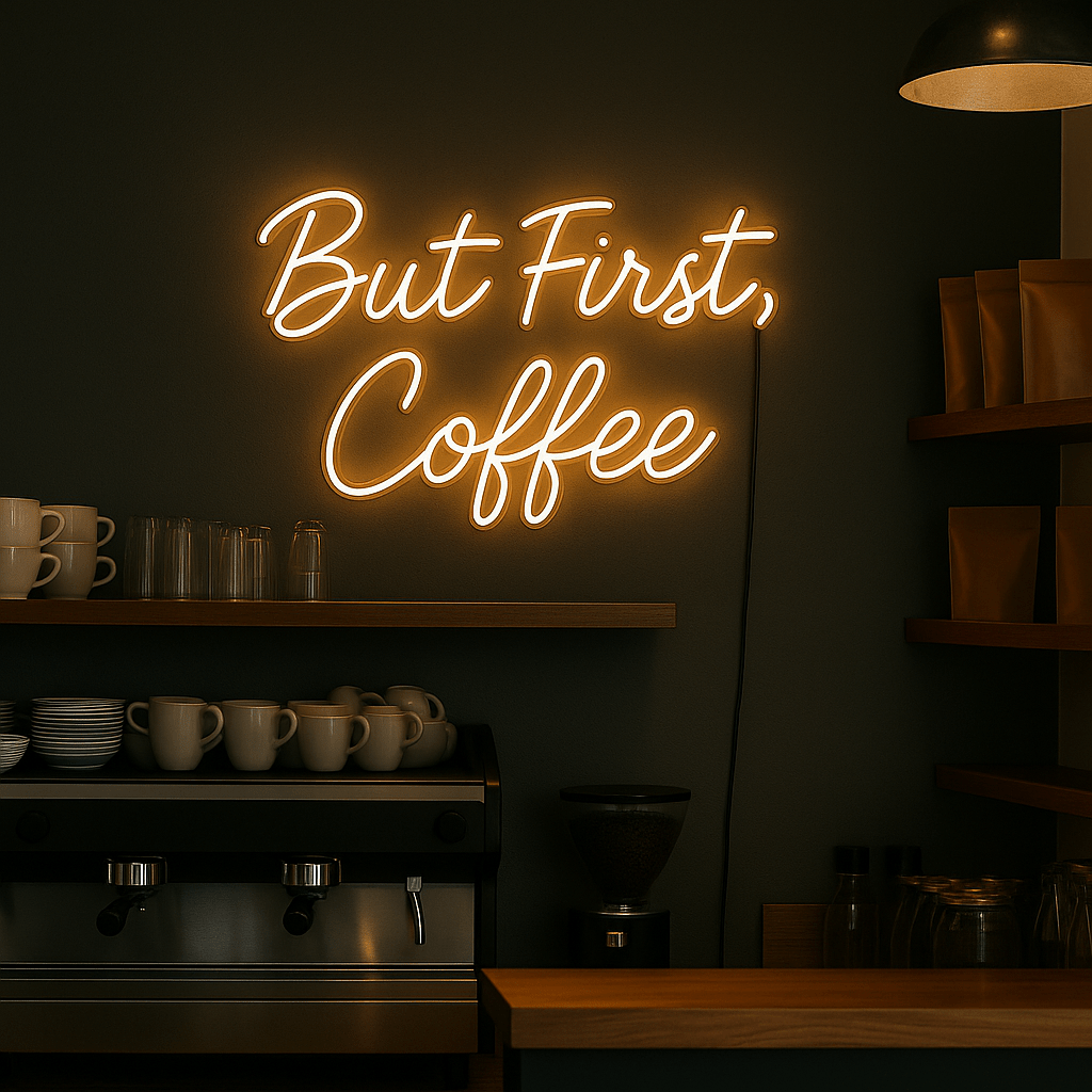 Neon Schild „But First, Coffee“ - Signio Technology Enterprise
